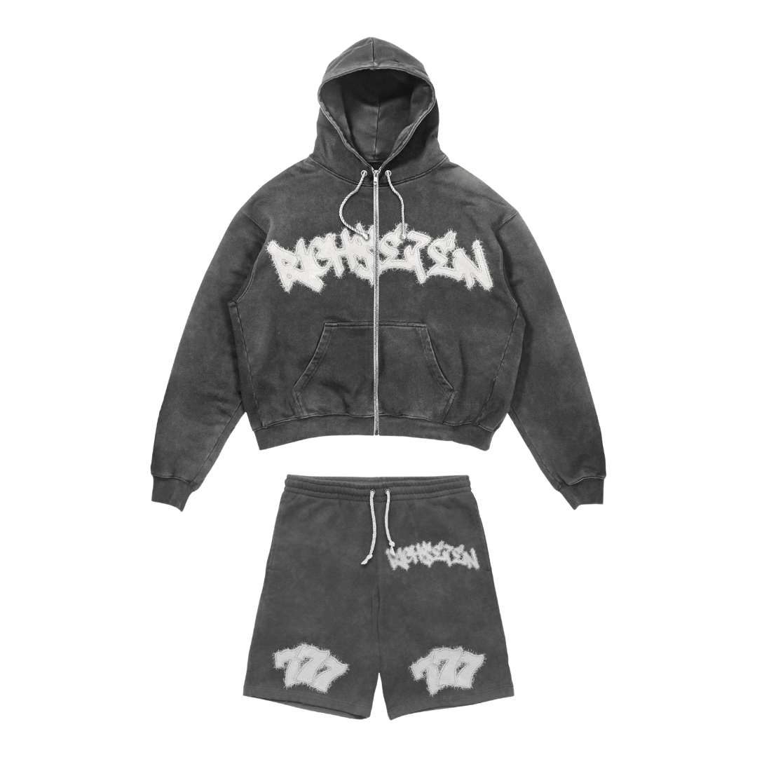 BLACK/GREY ACID WASHED SHORT SET
