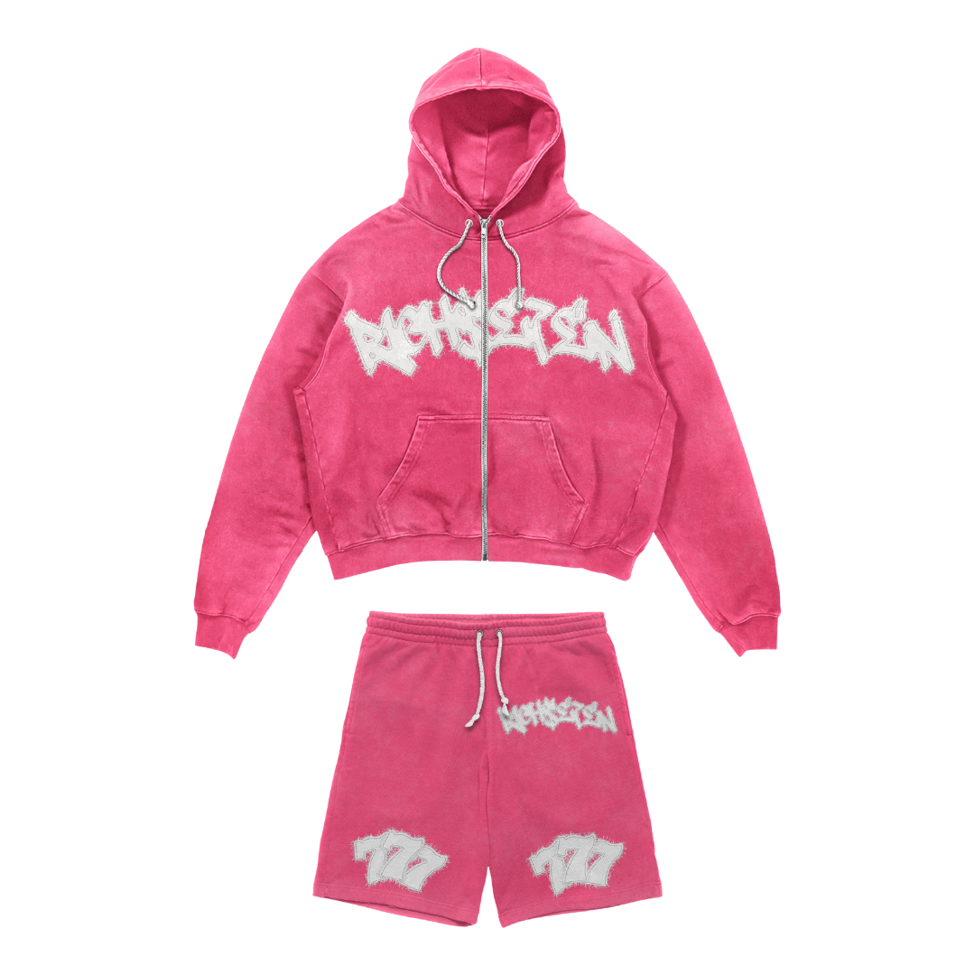 FUCSHIA PINK ACID WASHED SHORT SET